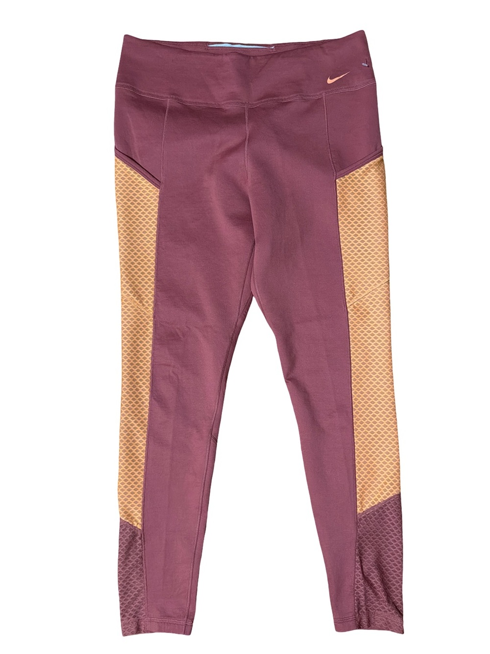 Nike Women's Maroon Leggings with Mustard Side Panels Full Length-Size L
